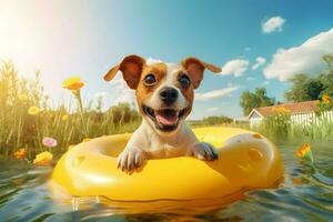 uma cachorro desfrutando uma dia às a piscina em a inflável brinquedo. ai gerado foto