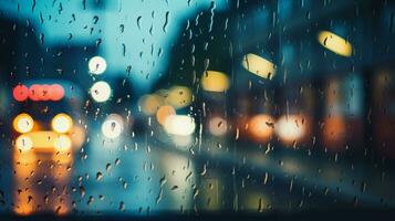 janela Visão a partir de uma ônibus dirigindo longe a partir de chuvoso cidade, ai generativo. foto