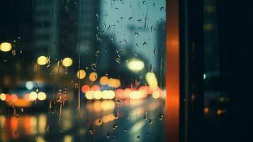 janela Visão a partir de uma ônibus dirigindo longe a partir de chuvoso cidade, ai generativo. foto