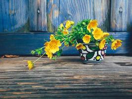 amarelas flores silvestres frescas em um vaso de cerâmica colorido, sobre fundo azul de varanda de madeira. natureza morta em estilo rústico. close-up vista. primavera ou verão no jardim, conceito de estilo de vida do campo. copie o espaço foto