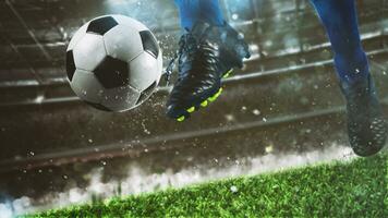 futebol cena às noite Combine com fechar acima do uma futebol sapato batendo a bola com poder foto