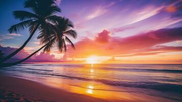 lindo pôr do sol tropical de praia com Palma árvore e Rosa céu, ai generativo. foto