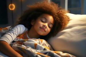 africano americano menina dormindo dentro dela cama dentro uma Sombrio crianças quarto com a noite luz virou sobre. ai generativo foto