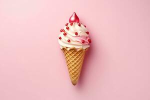 ai generativo. Natal gelo creme dentro uma waffle cone em uma suave Rosa fundo foto