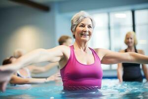 idosos feliz mulheres Faz aqua aeróbica dentro a interior piscina. mulheres Veja às a instrutor e repetir a exercícios. ai generativo foto