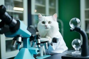 gato professor posando dentro a laboratório perto a microscópio. ai generativo foto