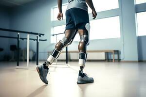 uma Desativado africano americano homem com protético pernas trens dentro uma reabilitação Centro. pernas fechar acima. ai generativo foto