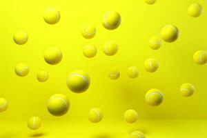 muitos tênis bolas mosca e saltar em uma amarelo fundo, 3d. ai generativo foto