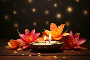 lindo spa composição com queimando vela e lótus flores em Sombrio fundo, feliz diwali festival do luzes fundo com diya e flores, ai gerado foto