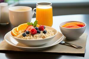 aveia mingau com fresco bagas e laranja suco para saudável café da manhã, chia semente pudim com morangos, amoras e banana, saudável café da manhã tigela com aveia granola, ai gerado foto