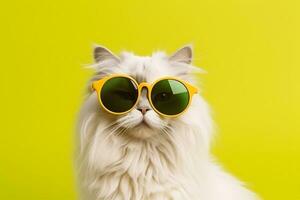 elegante branco fofo gato dentro verde óculos posando em uma amarelo fundo. ai generativo foto