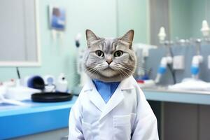 branco fofo gato professor posando dentro uma branco casaco dentro uma laboratório ou médico escritório. ai generativo foto