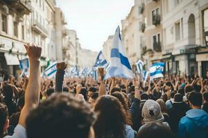 ai generativo. pessoas com israelense bandeiras reunido dentro Apoio, suporte do isto país foto