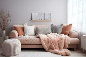 ai generativo. vivo quarto dentro cinzento e Rosa cores com uma suave sofá decorado com uma fofo cobertor e suave travesseiros. horizontal foto