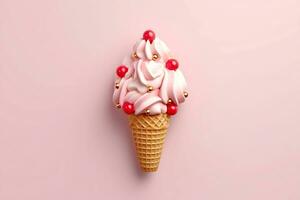 ai generativo. Rosa Natal gelo creme dentro uma waffle cone em uma suave Rosa fundo decorado com Rosa e ouro bolas foto