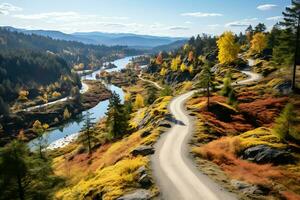topo Visão do a lindo outono panorama do a rio, estrada e floresta dentro outono. ai generativo foto