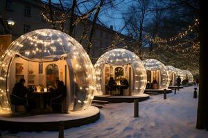 ai generativo. cidade panorama dentro inverno. cafés dentro a forma do brilhando Novo anos bolas ficar de pé dentro uma linha ao longo uma coberto de neve rua. horizontal ilustração foto