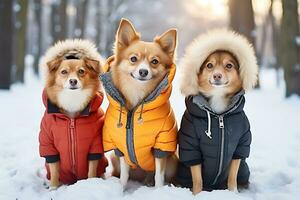 ai generativo. três pequeno cachorros posando dentro caloroso jaquetas dentro uma inverno Nevado parque foto