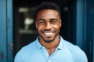 uma jovem afro-americano homem dentro uma azul camiseta carrinhos dentro frente do a porta, parece às a Câmera e sorri. ai generativo foto