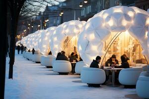 ai generativo. cidade panorama dentro inverno. cafés dentro a forma do brilhando Novo anos bolas ficar de pé dentro uma linha ao longo uma coberto de neve rua. horizontal ilustração foto