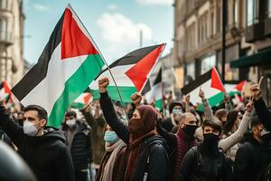 ai generativo. pessoas reunido com palestino bandeiras dentro Apoio, suporte do isto Estado foto