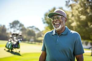 ai generativo. a idosos sorridente afro-americano homem tocam golfe entusiasticamente em uma verde curso. horizontal foto