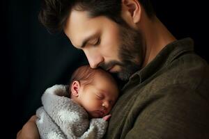 ai generativo. jovem pai abraços e Beijos recém-nascido bebê. horizontal foto