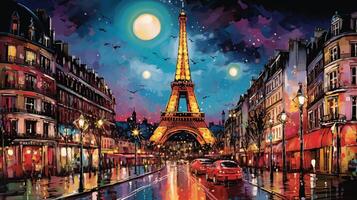 cartão postal com noite Paris, a eiffel torre, néon estilo foto
