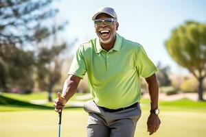 ai generativo. a idosos sorridente afro-americano homem tocam golfe entusiasticamente em uma verde curso. horizontal foto