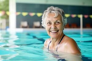 idosos feliz mulher com cinzento cabelo e dentro uma Preto roupa de banho nada dentro a piscina. ai generativo foto