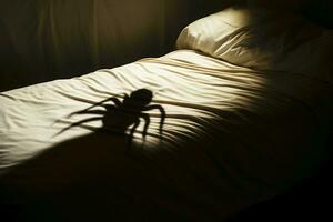 ai generativo. uma enorme sombra a partir de uma cama erro cai em a cama às noite. conceito do tendo cama insetos dentro de casa foto