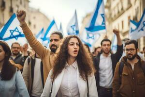 ai generativo. pessoas com israelense bandeiras reunido dentro Apoio, suporte do isto país foto