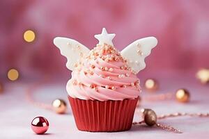 ai generativo. Rosa Natal Bolinho com anjo asas e uma Estrela em topo foto