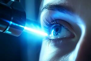 Cosmético ceratopigmentação com uma femtossegundo laser. azul olhos mudança para verde. ai generativo foto