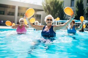 idosos feliz mulheres Faz aqua aeróbica com laranja bolas. mulheres Veja às a instrutor e repetir a exercícios. ai generativo foto