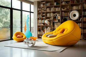 ai generativo. a interior do uma biblioteca ou escritório dentro uma vivo espaço dentro uma futurista estilo foto