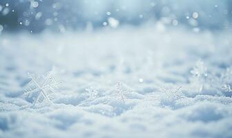 fechar acima do flocos de neve em Nevado chão panorama fundo ai gerado foto