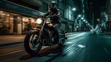 alta velocidade motocicleta cavaleiro corrida através uma lindo cidade às noite. criada com generativo ai foto