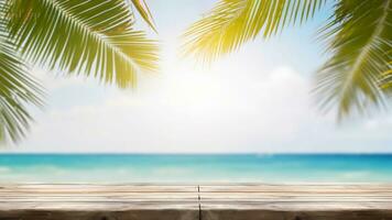 tropical de praia madeira mesa topo com mar escapar e Palma folhas. criada com generativo ai foto