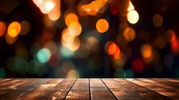 esvaziar de madeira mesa com borrado bokeh fundo - néon noite Visão fechar-se. criada com generativo ai foto