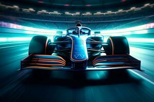 futurista Fórmula 1 corrida em uma néon pós-produção acompanhar. generativo ai foto