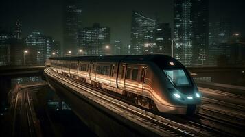 alta velocidade trem corrida através uma lindo cidade às noite, borrado paisagem urbana dentro a fundo. criada com generativo ai foto