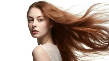 dinâmico cabelo retrato do uma jovem mulher modelo posando com oscilante cabeça movimento. criada com generativo ai foto