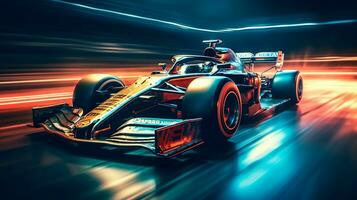 alta velocidade luxo Fórmula 1 carro corrida em uma moderno hipódromo. criada com generativo ai foto