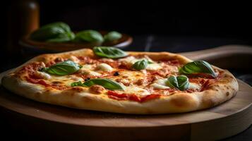 autêntico margherita pizza com fresco mozzarella e manjericão em de madeira borda. generativo ai foto