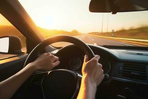 mãos do uma carro motorista em a direção roda durante uma estrada viagem. generativo ai foto