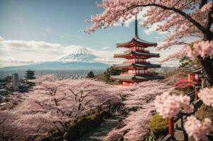 mt Fuji e cereja Flor às kawaguchiko lago dentro Japão, ai generativo foto