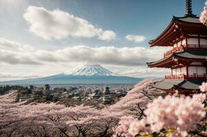 mt Fuji e cereja Flor às kawaguchiko lago dentro Japão, ai generativo foto