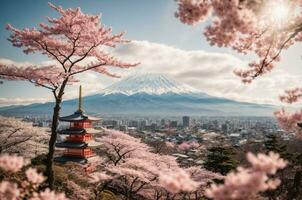 mt Fuji e cereja Flor às kawaguchiko lago dentro Japão, ai generativo foto