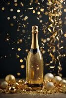 garrafa do champanhe com dourado confete em bokeh fundo, ai generativo foto